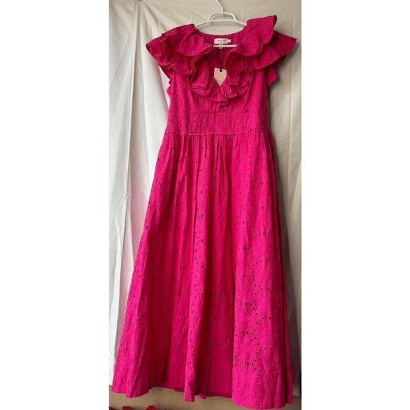 Ted Baker Mirza Ruffle Eyelet Lace V Neck Midi Dress in Bright Pink Size 3 - Picture 1 of 3